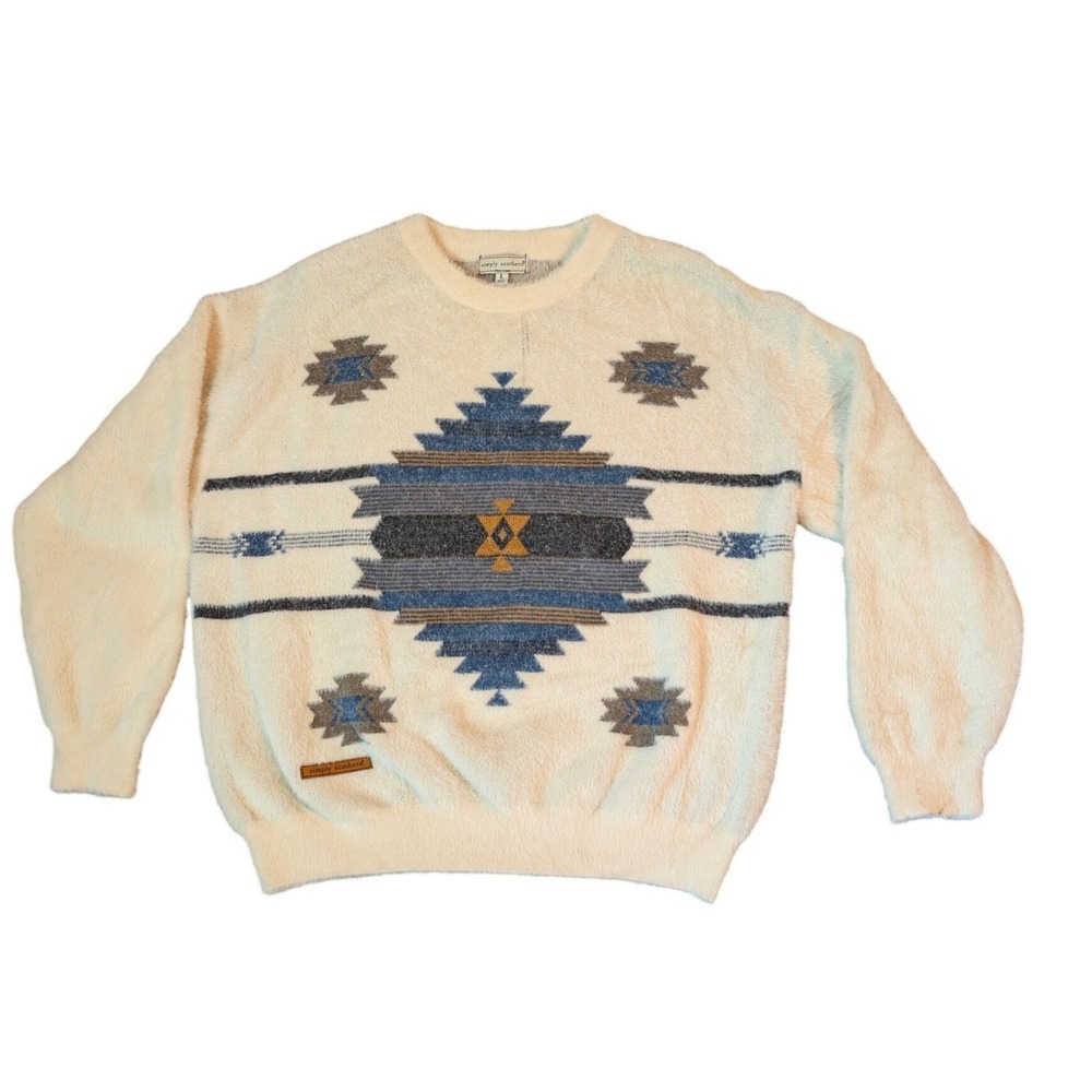 Simply Southern Womens Large Fuzzy Southwestern Aztec Geometric Pullover Sweater